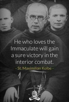 two men standing next to each other with a quote from st maximusnilian kolbe