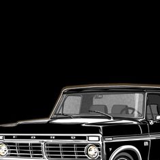 an old black pickup truck parked on the side of the road in front of a dark background