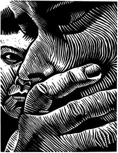 a black and white drawing of a woman's face with her hands on her chest