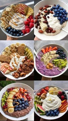 six pictures of different types of food in white bowls with fruit and crackers on them