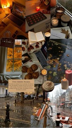 a collage of photos with candles, books and other things in them on a rainy day