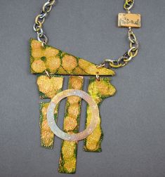 One of a kind OOAK  handmade jewelry created by Mary Heuer in her Wisconsin studio. Textured copper has an alcohol ink patina in yellow/green tones witih a brass round washer riveted on the front.  This showstopper is finished off with a lime patina copper chain and an agate rectangle.  It simply slips on over your head and you're ready to go.  Striking All of my one of a kind necklaces and bracelets are shipped USPS Priority Mail within 1-5 days after receipt of payment.  Measurements are appro Unique Green Patina Necklaces, Hand Painted Gold Jewelry Wearable Art, Unique Hand-painted Copper Jewelry, Unique Hand Painted Copper Jewelry, Handmade Yellow Copper Jewelry, Unique Green Patina Jewelry, Handmade Gold Necklace Wearable Art, Unique Hand Painted Yellow Jewelry, Unique Green Jewelry With Patina