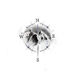 a compass with mountains on it and the words wn e s in black ink