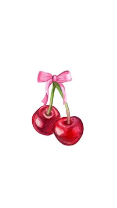 two cherries tied with a pink ribbon