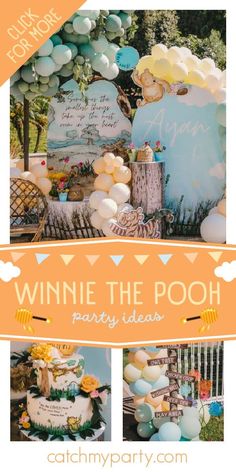 a party with balloons, cake and other items for a winnie the pooh birthday party