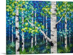 a painting of trees with blue, green and white leaves on the bark in front of it