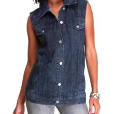 Levi Strauss And Co. Misses Size Small Fashion Denim Vest Dark Blue Denim In Color With All Over Distressing- Each Vest Has A Diiferent Distress Pattern So No Two Are Alike Oversized Longer Length Raw Edge Armholes Button Front With Levi Signature Chest Flap Pockets Side Slit Seam Pockets Slight Sheen Spread Collar So Versitile-Wear With A Dress, Shorts Or Jeans 100% Cotton Nwt Dress Shorts, Dark Blue Denim, Levi Strauss & Co, Levi Strauss, Denim Vest, Raw Edge, Denim Fashion, A Dress, Levi's