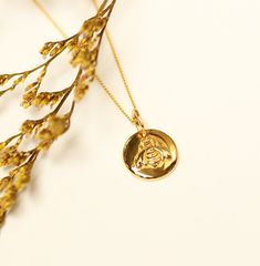 This Honey Bee Coin Pendant is a charming and meticulously crafted piece of jewelry that captures the essence of nature's tiny marvels. This exquisite pendant features a beautifully detailed honey bee depicted on a coin-shaped medallion, creating a unique and elegant accessory. Details 18K Gold layered on 925 sterling silver. Diameter : 12.25 mm Connector Inner Diameter : 4 mm x 4.5 mm Yellow Gold Coin Necklace With Charms For Gift, Yellow Gold Coin Necklace With Charms As Gift, Yellow Gold Coin Charm Necklace, Yellow Gold Coin Charm Necklace As Gift, Yellow Gold Coin Charm Necklace For Gift, Yellow Gold Coin Charm Necklaces For Gifts, Bee Pendant, Elegant Accessories, Perfect Gift For Mom