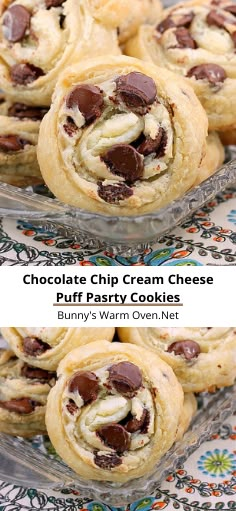 chocolate chip cream cheese pinwheels on a glass platter with text overlay