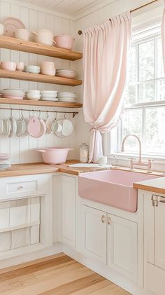 A vibrant pink kitchen featuring stylish decor, modern appliances, and inviting design elements for a cheerful culinary Pink Kitchen Inspiration, Playful Decor, Blush Tones, Pink Kitchen, Vintage Vibes, Soft Pastel, Creative Design, Pink