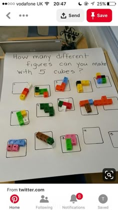 a white board with legos on it that says how many different figures can you make with 5 cubes?