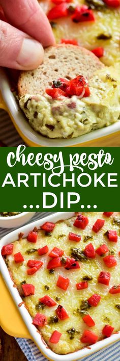 the process of making artichoke dip is shown in two pictures, with text overlay reading cheesy resto artichoke dip