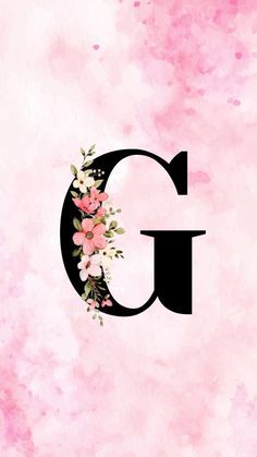 the letter g is decorated with flowers on a pink and black watercolor paint background