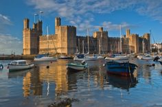 boats are docked in the water next to a castle with tall towers on it's side