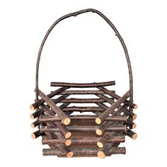 a wooden basket with logs in it on top of a white background and the handles are made out of wood