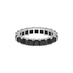 a white gold ring with black diamonds on the sides and two rows of black stones in the middle