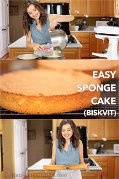 a woman is making a sponge cake in the kitchen and then using it to bake