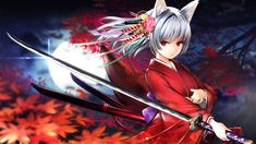 an anime character holding two swords in front of a full moon and red leaves on the ground