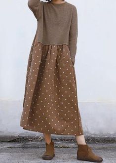 Cozy Brown Sweater Wardrobes Quotes O Neck Tunic Patchwork Knitwear Mode Tips, Stil Boho, Women Long Sleeve Dress, Mode Casual, Fashion Dresses Casual, Patchwork Dress, Refashion Clothes, Brown Sweater, Women Vintage