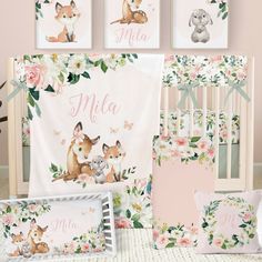 "Scoop up this fantastic nursery set for a baby shower gift, or just an easy way to finish out your own nursery! *2 Piece Set: Choose one Sheet + Small Blanket (30x40) *3 Piece Set: Choose one Sheet + Small Blanket (30x40) + Throw Pillow (16x16, with zipper and insert) *4 Piece Set: BOTH Sheets + Small Blanket (30x40) + Throw Pillow (16x16, with zipper and insert) *Wall Art Prints: You will receive all three art prints as shown, printed on Kodak Endura Lustre paper. Choose your size. *Please not Sage Green Crib, Green Crib, Woodland Baby Girl, Floral Baby Bedding, Woodland Baby, Woodland Nursery, Floral Baby, Crib Bedding