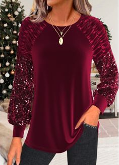 Color:Wine Red;Size:S;Size:M;Size:L;Size:XL;Size:XXL;Package Contents:1 X T Shirt;Occasion:Other;Style:Casual; Red Holiday Tops For Fall, Red Tops For Fall Holiday, Red Tops For Holiday In Fall, Red Tops For Holiday And Fall Season, Elegant Dresses Plus Size, Stylish Tops For Women, Trendy Tops For Women, Cheap Christmas, Trendy Fashion Tops