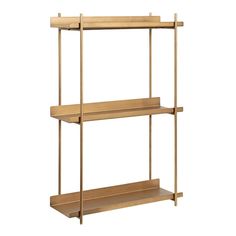 a gold shelf with two shelves on each side and one shelf above it, against a white background