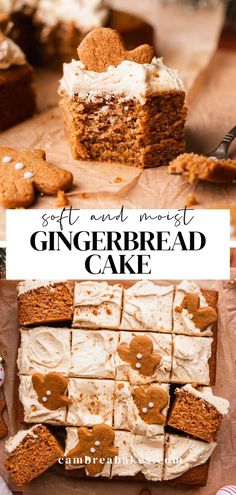 gingerbread cake with white frosting and brown sugar on top is cut into squares