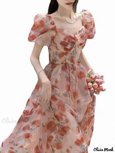 Olivia Mark - Floral Print Dress with Empire Waist and Square Neckline - Escape Princess Gown Silky Floral Dress, Aesthetic Midi Dress, Floral One Piece Dress, Cute Korean Dresses, Birthday Dress Women, Banquet Dresses, Dress Korean, Style 2023, Floral Gown