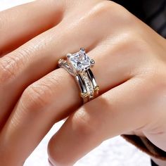 Two Tone Asscher Cut Sterling Silver Ring Set - Jeulia Jewelry Finger Tattoos Ring, Finger Tattoo Couple, Ring Finger Tattoo Couple, Tattoos Ring, Ring Finger Tattoos, Ring Tattoos, Real Gold Jewelry, Sterling Silver Rings Set, Fine Diamond Jewelry