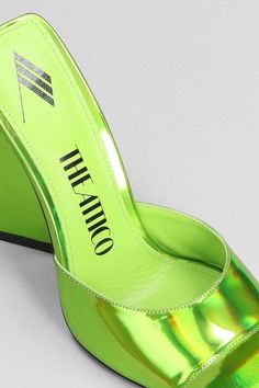 Cover: 60% Polyurethane, 40% Polyester Sole: 100% Leather Green Leather Mules For Party, Green Spring Formal Mules, Green Pointed Toe Mules For Party, Chic Green Leather Mules, Chic Metallic Mules For Summer, Chic Metallic Mules For Spring, Chic Green Mules For Party, Metallic Leather Mules For Summer, Trendy Green Leather Mules