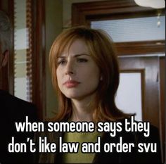 a woman with red hair standing next to a man in a suit and tie, text reads when someone says they don't like law and order svu