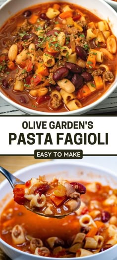 two bowls of pasta and vegetable soup with text overlay that reads olive garden's pasta fagioi easy to make