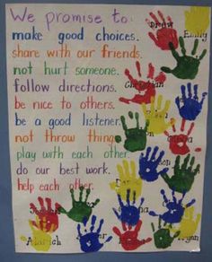 a bulletin board with handprints on it that says we promote to make good choices