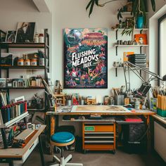 a room filled with lots of clutter next to a large poster on the wall