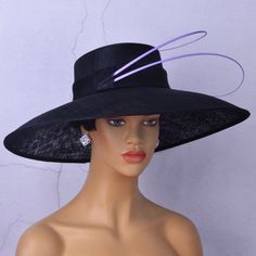 Hello!Welcome to our shop of  365daysCreations product information: Season:All Season Gender:Female Material:sinamay,100% straw Head size:57cm(22.44 inches),also can be adjustable Brim width:about 6''(15.2cm),the whole hat size is 48x46cm Trimming:feathers/sinamay/ostrich spine Sweatband:satin with satin ribbon to adjust the size Color:black,purple British Hats, Hat Tea Party, Sinamay Hat, Black Hats, Sinamay Hats, Elegant Hats, Kentucky Derby, Hat Sizes, Satin Ribbon