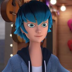 an animated character with blue hair and eyes