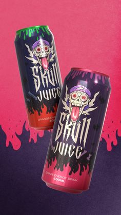 two cans of spooky juice on a pink and purple background with black spots