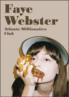 a woman eating food while wearing a hat and holding it up to her face with the words fake webster above her head