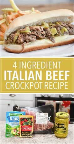 the ingredients for this italian beef crockpot recipe are shown in three different pictures