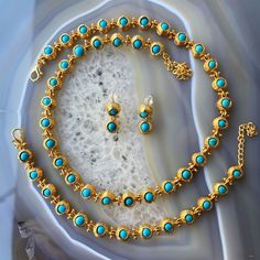 Handmade 18K Solid Gold Plated Turquoise Feroza Beaded Jewelry Set. Tennis Choker and Bead bracelet and Feroza Beaded Earrig. All of them Natural Stone. Vintage Style. Elegant Turquoise Jewelry With Spacer Beads, Minimalist Earring, Vintage Tennis, Earring Jewelry, Beads Bracelet, Minimalist Earrings, Set For Women, Bead Bracelet, Vintage Stil