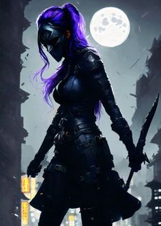 a woman with purple hair standing in front of a full moon and cityscape