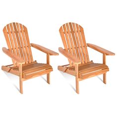 two wooden chairs sitting next to each other