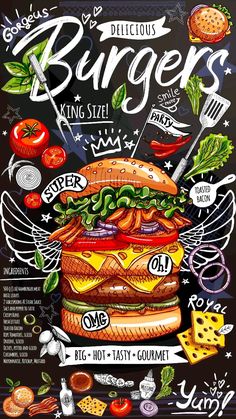 the burger menu is drawn on a chalkboard with different ingredients and toppings around it