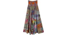 Prismatic Multi Patchwork Sustainable Long Skirt Flowy Patchwork Maxi Skirt For Summer, Summer Patchwork Maxi Skirt, Summer Patchwork Skirt, Patchwork Maxi Skirt For Summer, Flowy Multicolor Dress With Elastic Waistband, Multicolor Flowy Dress With Elastic Waistband, Multicolor Flowy Skirt Dress With Elastic Waistband, Flowy Multicolor Skirt With Elastic Waistband, Flowy Orange Maxi Skirt With Elastic Waistband