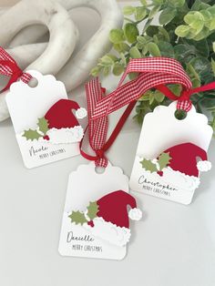 three christmas gift tags with holly and mist on them next to a potted plant