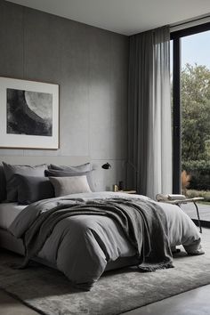 a large bed sitting next to a window in a room with gray walls and furniture