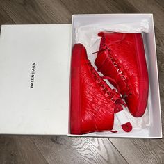 Men’s Red Balenciaga Arena Sneakers Us Size 8 Eu Size 40 In Very Very Good Condition Little Bit Of A Wipe Down And Like Brand New Shoes Worn 2 Times And Put Away In Storage I Don’t Really Wanna Let These Go But I Don’t Really Wear Them Ever So Somebody Else Can Enjoy Them Red Leather High-top Sneakers With Laces, Designer High-top Sneakers With Red Sole For Streetwear, Red Designer High-top Sneakers For Streetwear, Designer Red Lace-up Sneakers, Designer Red Sneakers For Sports, Red Designer Sneakers For Sports, Designer Red Sneakers For Streetwear, Designer Red Sneakers, Red Designer Sneakers For Streetwear