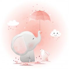 an elephant and rabbit under an umbrella on a pink background with clouds, stars and hearts