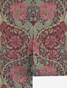 an intricately designed wallpaper with pink flowers and green leaves on red grounding