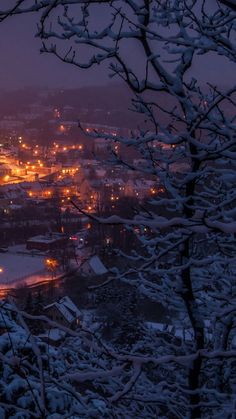 the city lights are lit up in the distance as snow covers the ground and trees